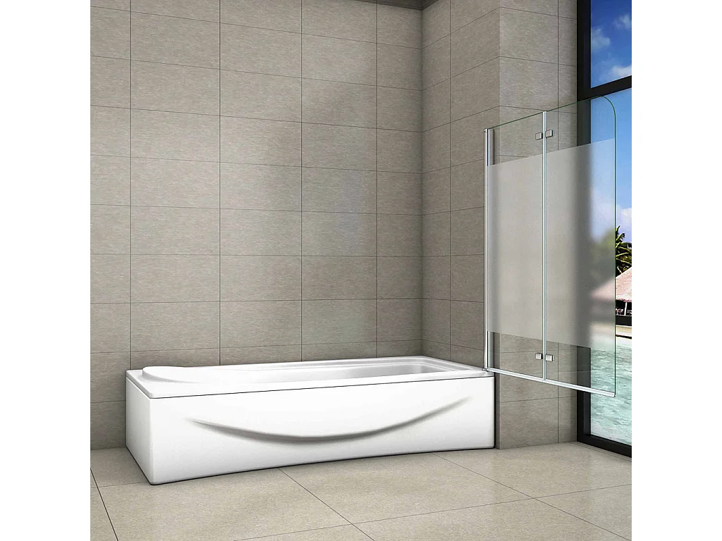 120x140 cm Parete Per Vasca Apribile 180 Gradi Montaggio Verso Destro Irreversibile in Vetro Temperato 6 mm Anticalcare Fascia Centrale Opaca
