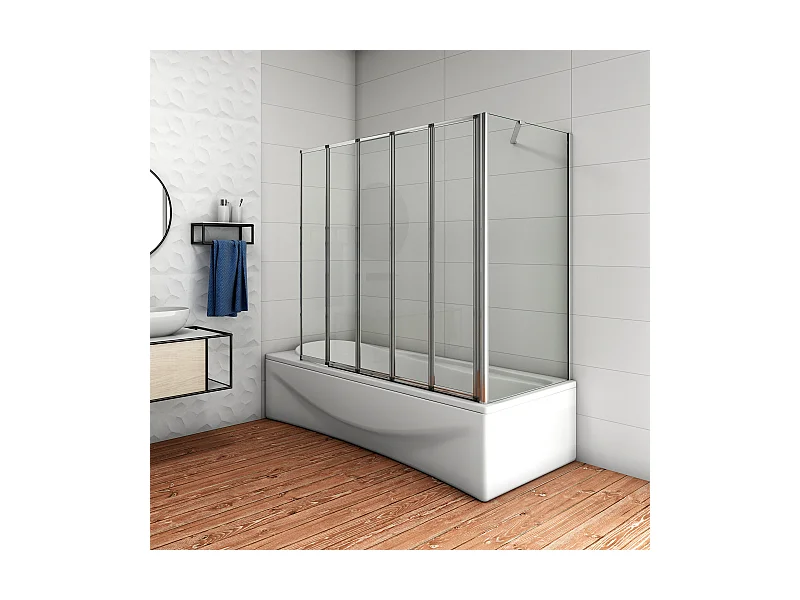 H.140 cm Parete Doccia Sopravasca Angolare Pieghevole 120 cm (5 Antine）con Parete Laterale 75 cm Vetro Temperato Telaio Cromato Lucido