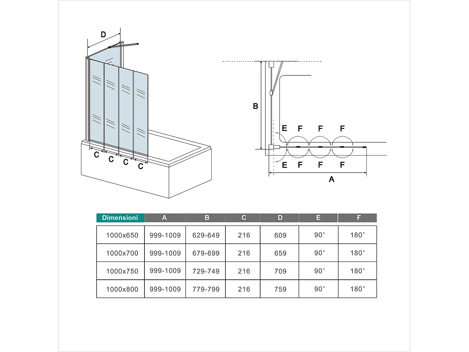 H.140 cm Parete Doccia Sopravasca Angolare Pieghevole 100 cm (4 Antine）con Parete Laterale 70 cm Vetro Temperato Telaio Cromato Lucido