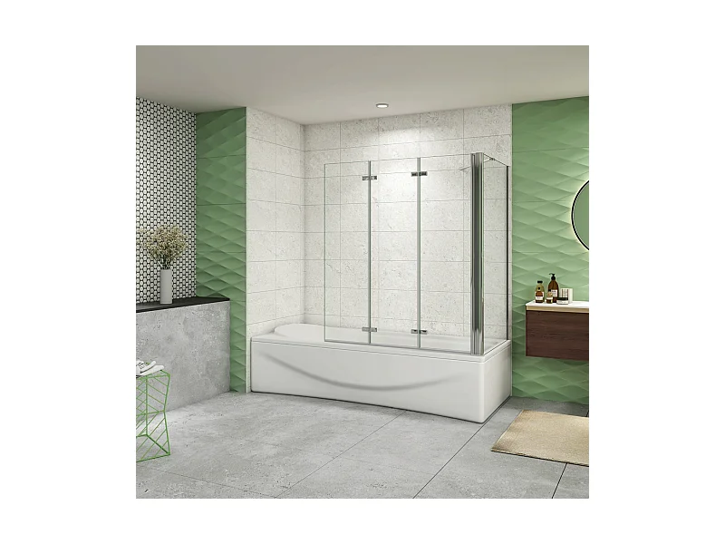 H.140 cm Parete Doccia Per Vasca con Lato Fisso 130x65 cm 3 Ante Pieghevoli a Libro Vetro Temperato 6 mm Trasparente Anticalcare Telaio Cromo Lucido