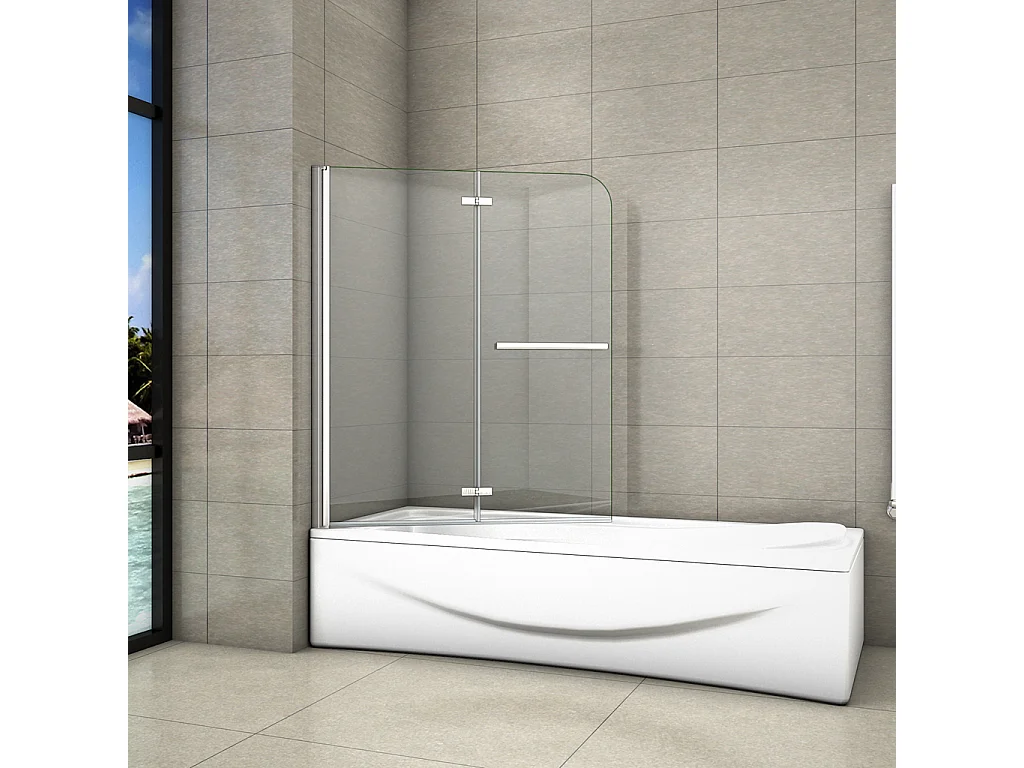 H.140 cm Sopravasca Parete Vasca da Bagno 120 cm Due Ante Movibili con Maniglia Portasciugamani Vetro 6 mm Temperato Anticalcare