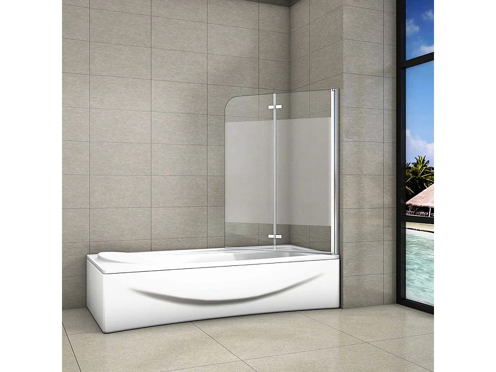 100x140 cm Parete Per Vasca Apribile 180 Gradi Montaggio Verso Destro Irreversibile in Vetro Temperato 6 mm Anticalcare Fascia Centrale Opaca
