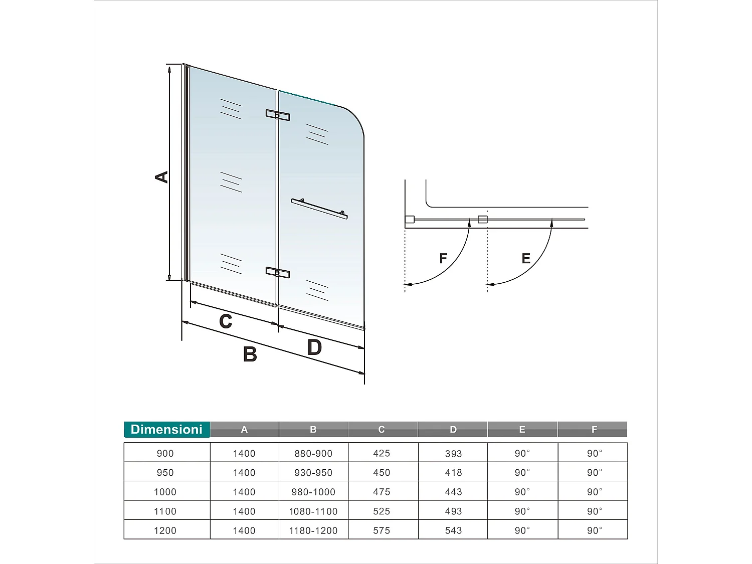 H.140 cm Sopravasca Parete Vasca da Bagno 110 cm Due Ante Movibili con Maniglia Portasciugamani Vetro 6 mm Temperato Anticalcare