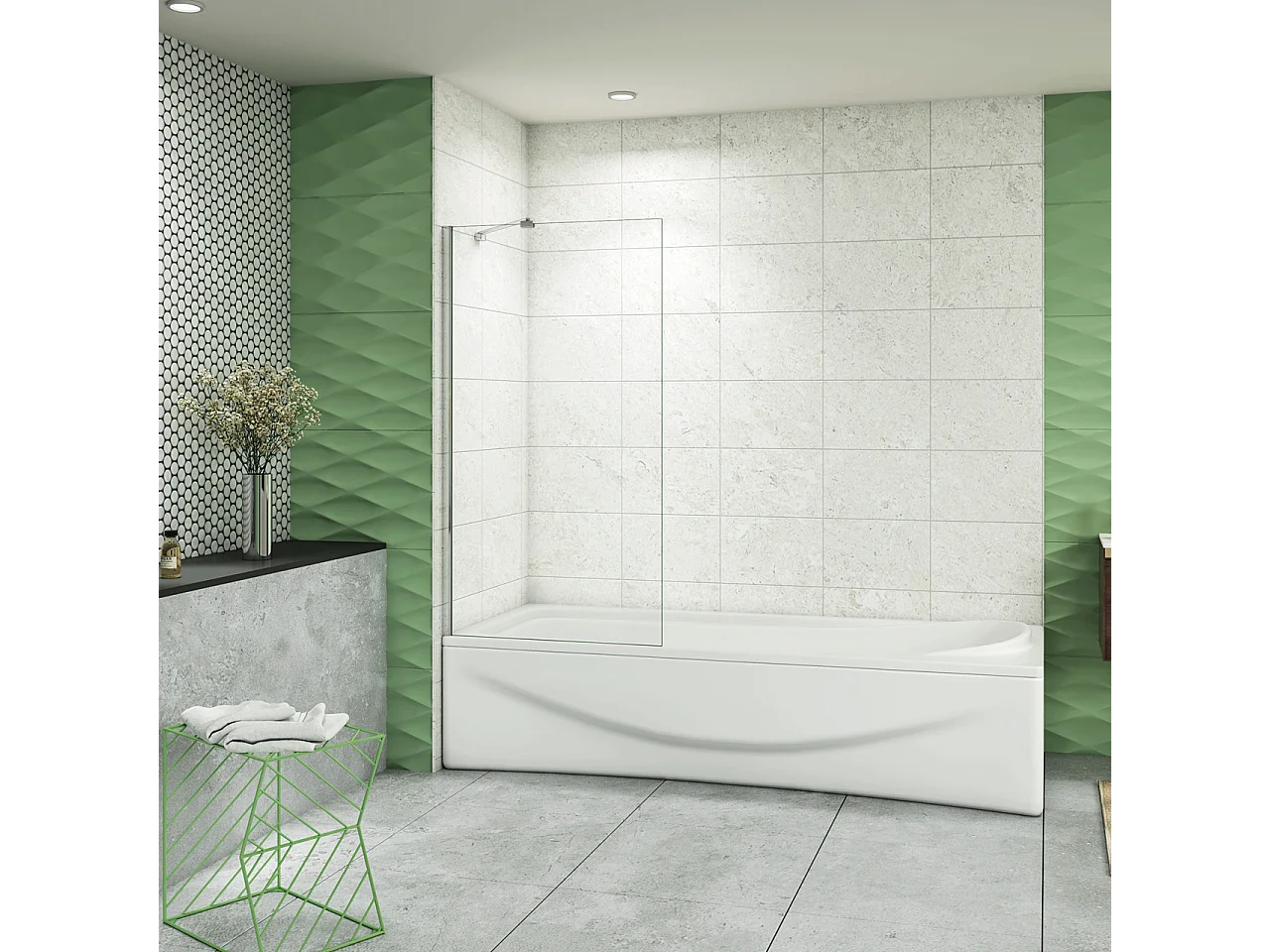 75x140 cm Sopravasca Parete Doccia Per Vasca Vetro Fisso Temperato 6 mm Trasparente Anticalcare con Barra Stabilizzatrice 45 cm Cromato Lucido