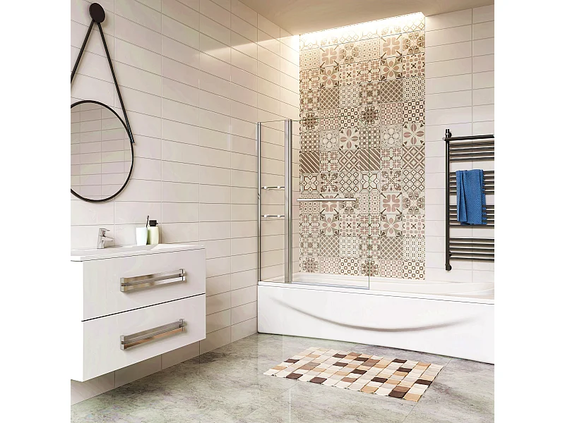 120x140 cm Sopravasca Girevole 240° Vetro Temperato 6 mm Trasparente Inclusi Due Ripiani Maniglia Portasciugamani Telaio Cromo Lucido