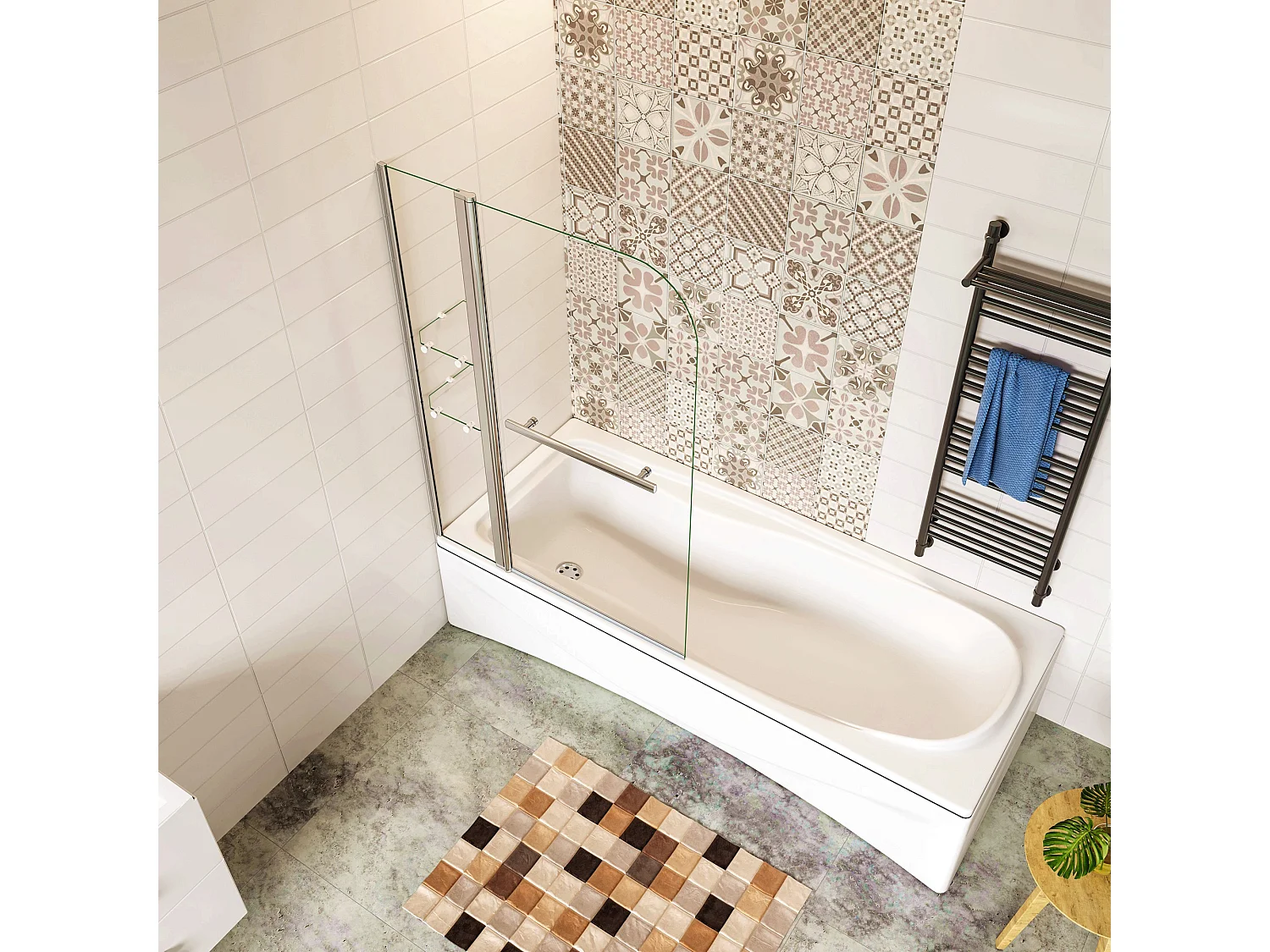 120x140 cm Sopravasca Girevole 240° Vetro Temperato 6 mm Trasparente Inclusi Due Ripiani Maniglia Portasciugamani Telaio Cromo Lucido