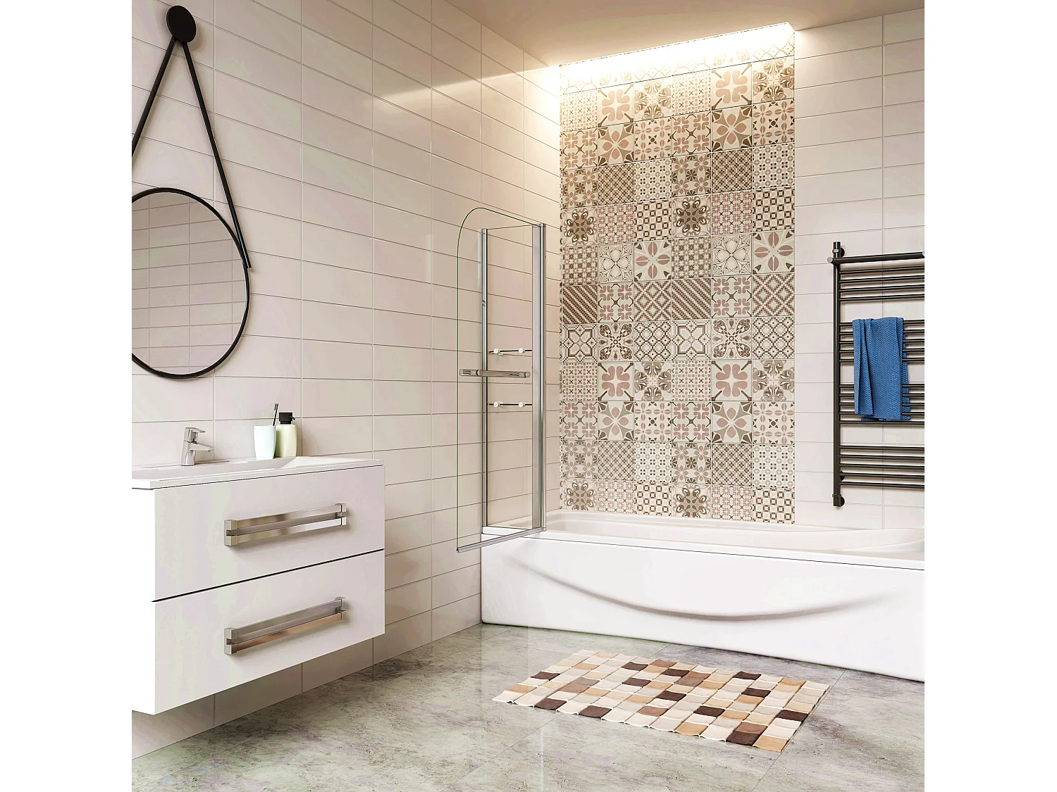 120x140 cm Sopravasca Girevole 240° Vetro Temperato 6 mm Trasparente Inclusi Due Ripiani Maniglia Portasciugamani Telaio Cromo Lucido