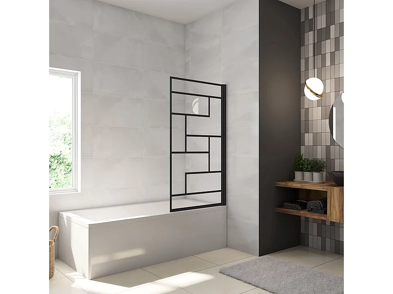 80x140cm Parete Vasca Doccia Sopravasca Singolo Pannello Girevole in Vetro Temperato 6 mm Trasparente con Riquadri Neri