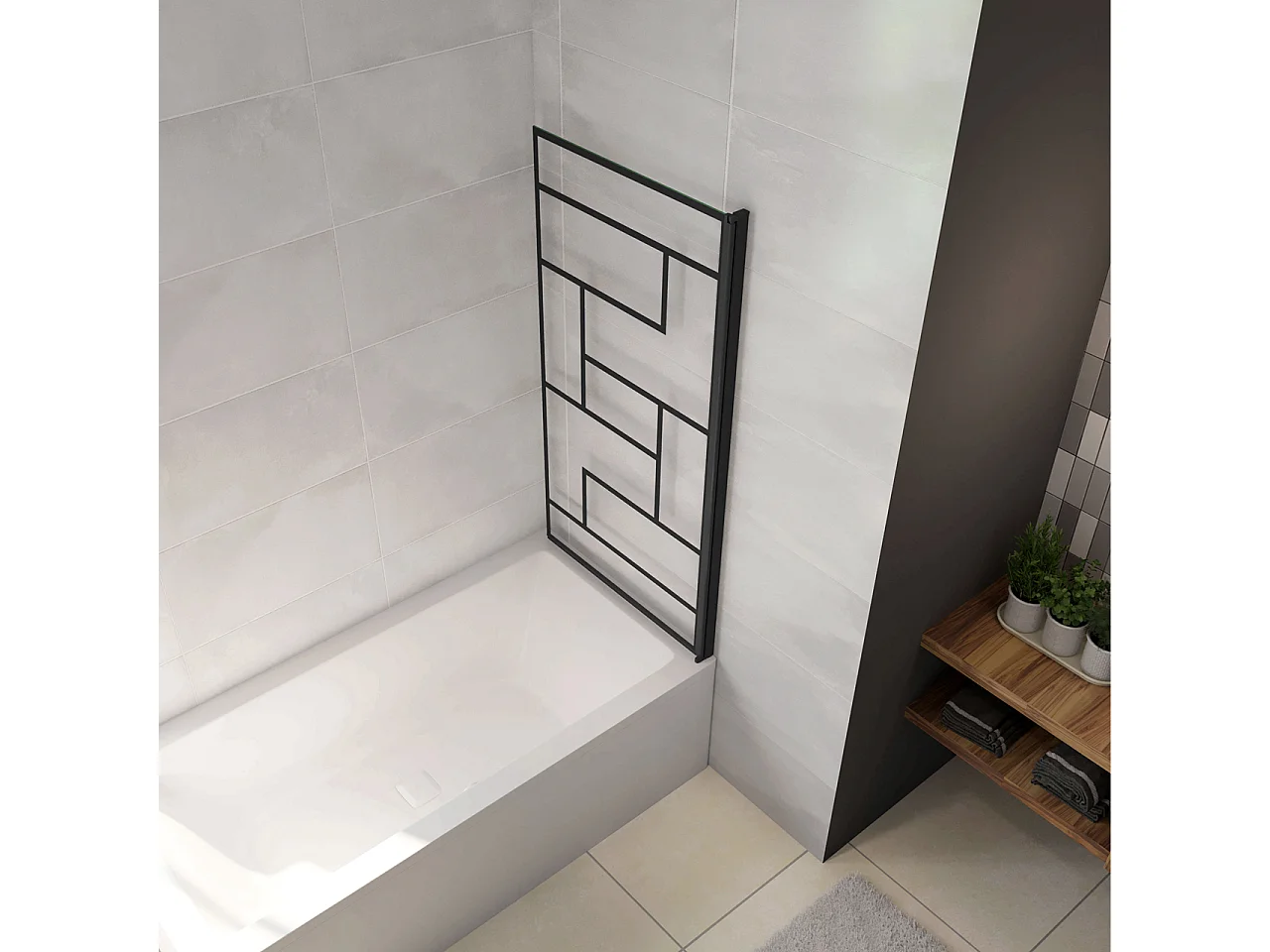 80x140cm Parete Vasca Doccia Sopravasca Singolo Pannello Girevole in Vetro Temperato 6 mm Trasparente con Riquadri Neri