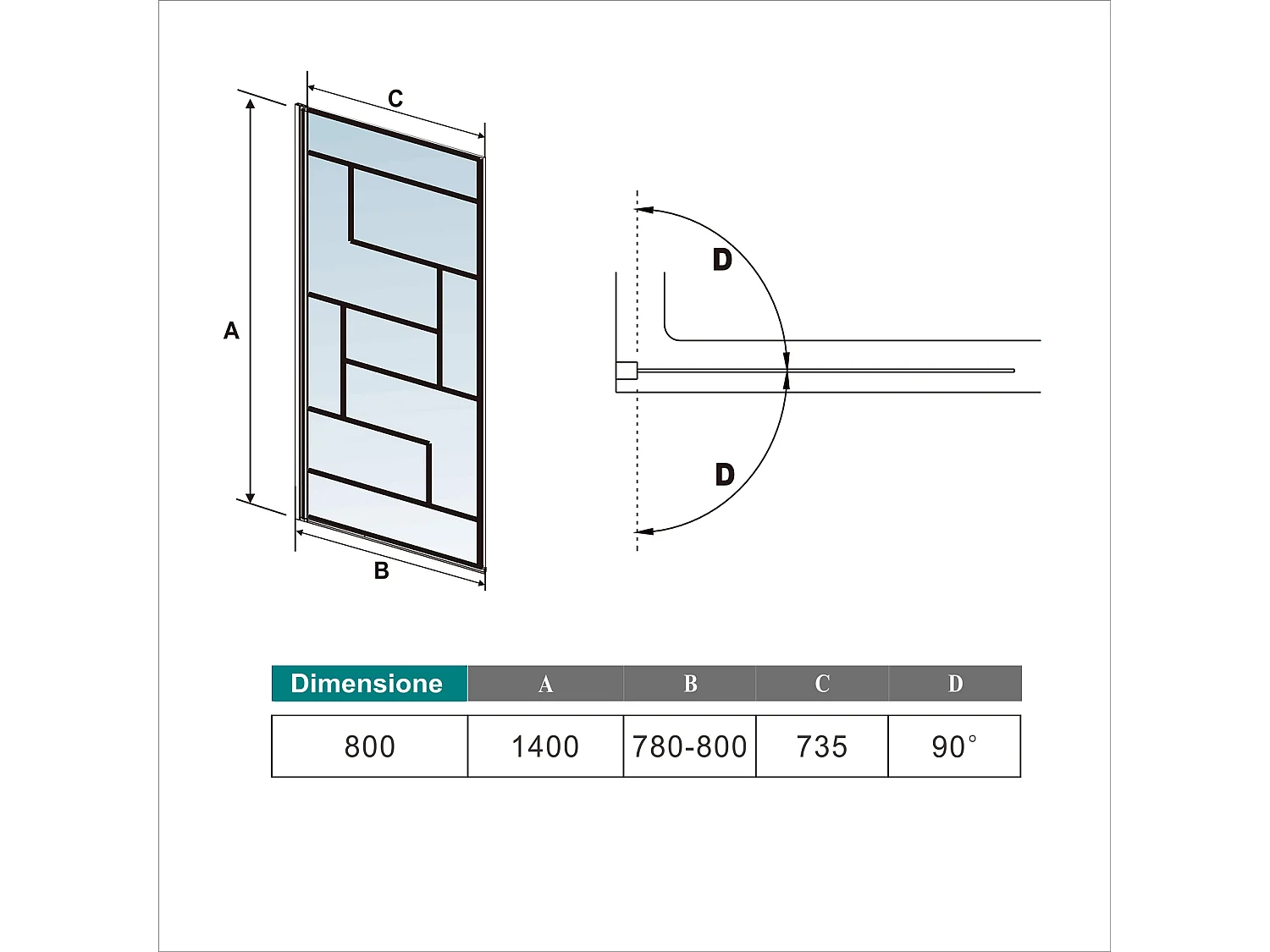 80x140cm Parete Vasca Doccia Sopravasca Singolo Pannello Girevole in Vetro Temperato 6 mm Trasparente con Riquadri Neri