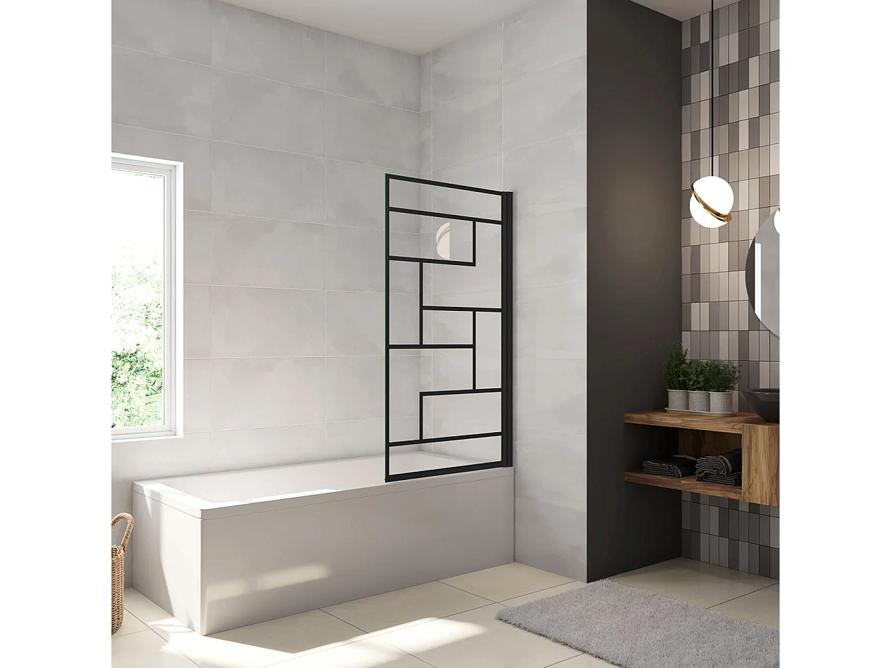 80x140cm Parete Vasca Doccia Sopravasca Singolo Pannello Girevole in Vetro Temperato 6 mm Trasparente con Riquadri Neri