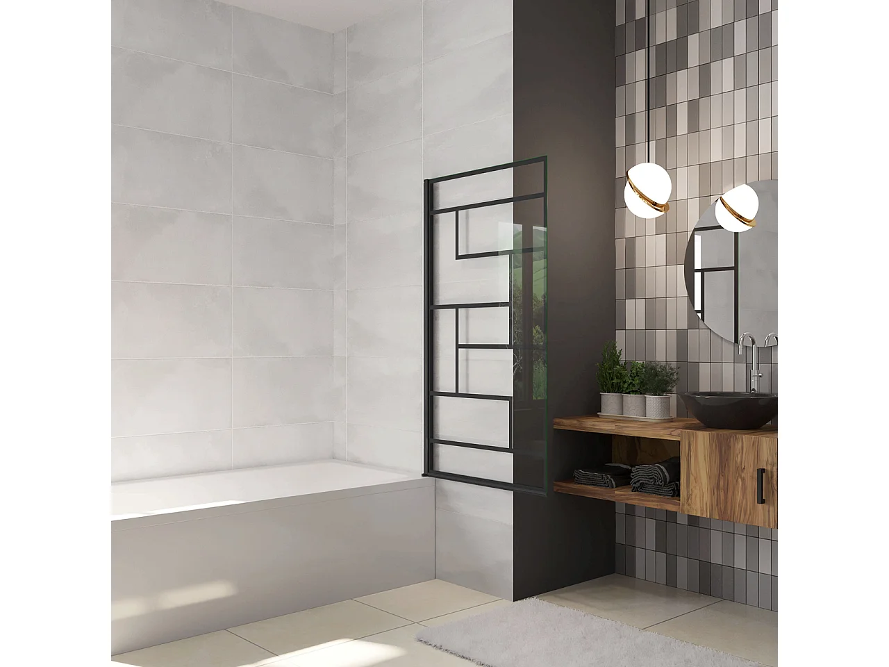 80x140cm Parete Vasca Doccia Sopravasca Singolo Pannello Girevole in Vetro Temperato 6 mm Trasparente con Riquadri Neri