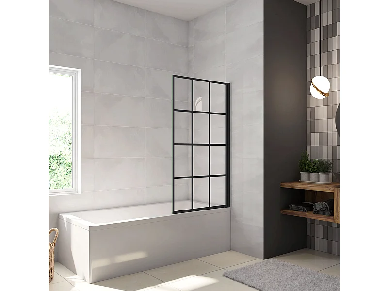 Parete Vasca Doccia 80xh.140cm Sopravasca Pannello Girevole in Vetro Temperato 6 mm Trasparente con Riquadri Neri