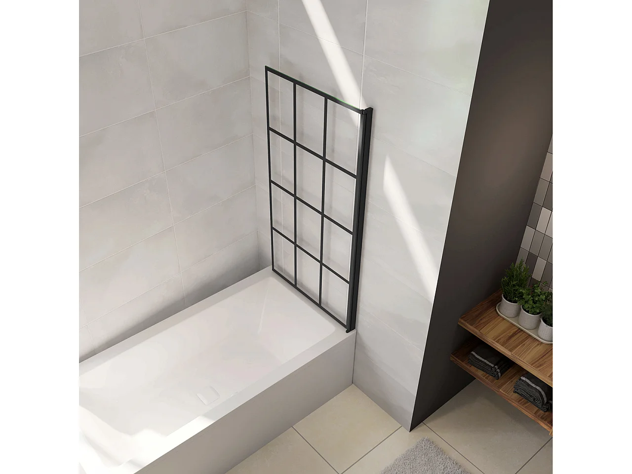 Parete Vasca Doccia 80xh.140cm Sopravasca Pannello Girevole in Vetro Temperato 6 mm Trasparente con Riquadri Neri