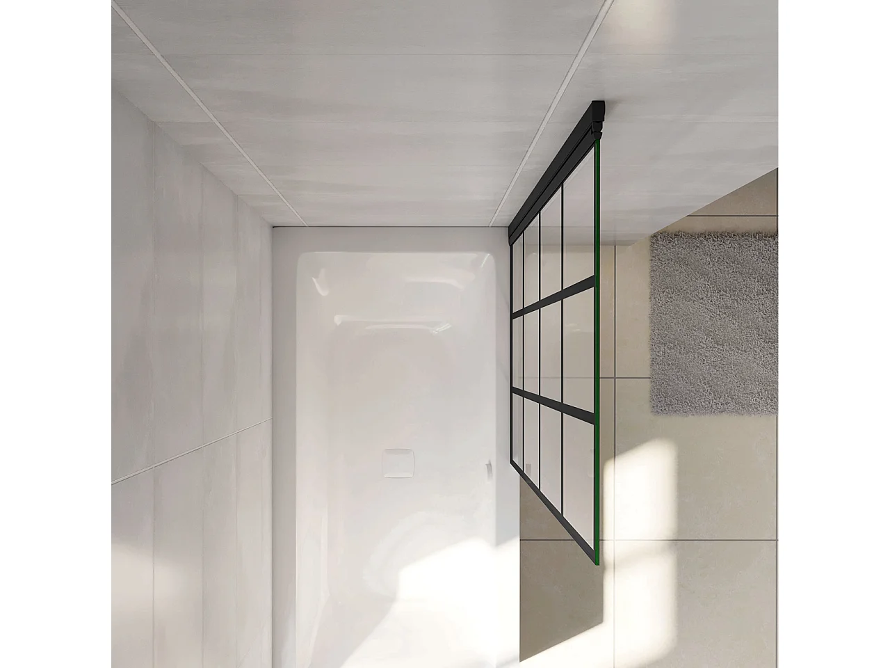 Parete Vasca Doccia 80xh.140cm Sopravasca Pannello Girevole in Vetro Temperato 6 mm Trasparente con Riquadri Neri