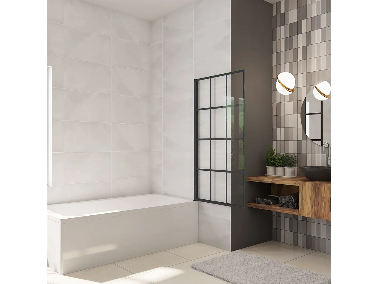 Parete Vasca Doccia 80xh.140cm Sopravasca Pannello Girevole in Vetro Temperato 6 mm Trasparente con Riquadri Neri