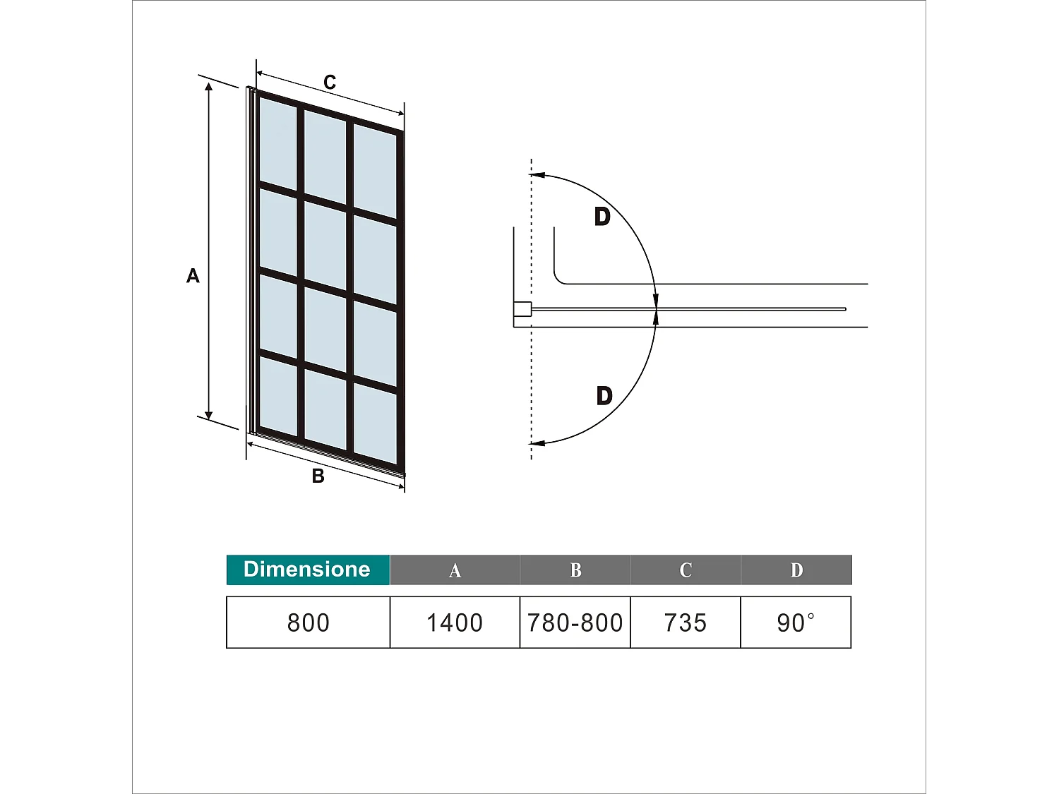 Parete Vasca Doccia 80xh.140cm Sopravasca Pannello Girevole in Vetro Temperato 6 mm Trasparente con Riquadri Neri