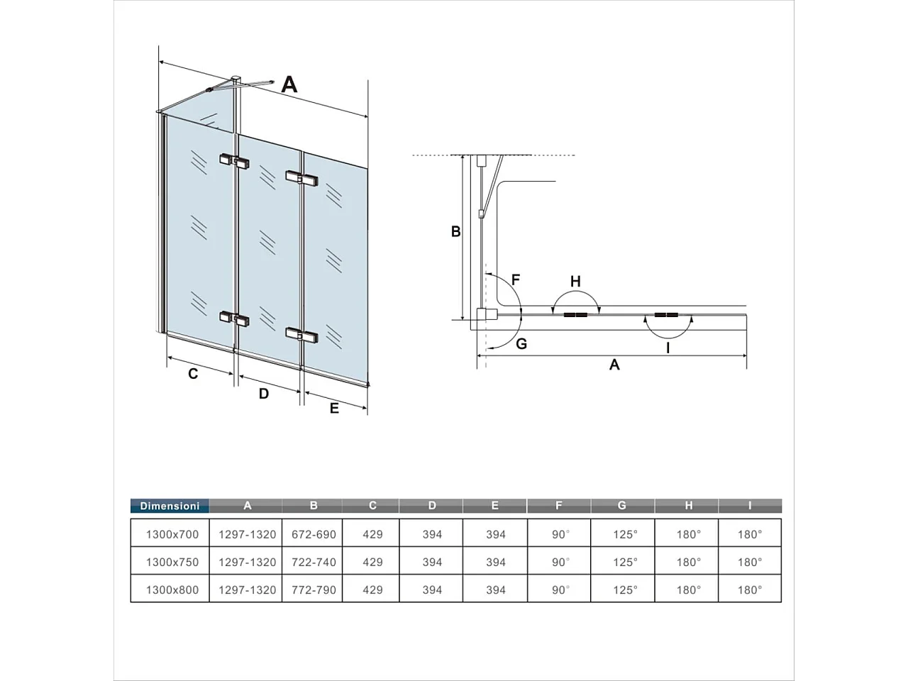 130x80cm Sopravasca Doccia Angolare Alta 140cm 3 Ante con 1 Lato Fisso Vetro 6 mm Temperato Trasparente Anticalcare Cromato Lucido