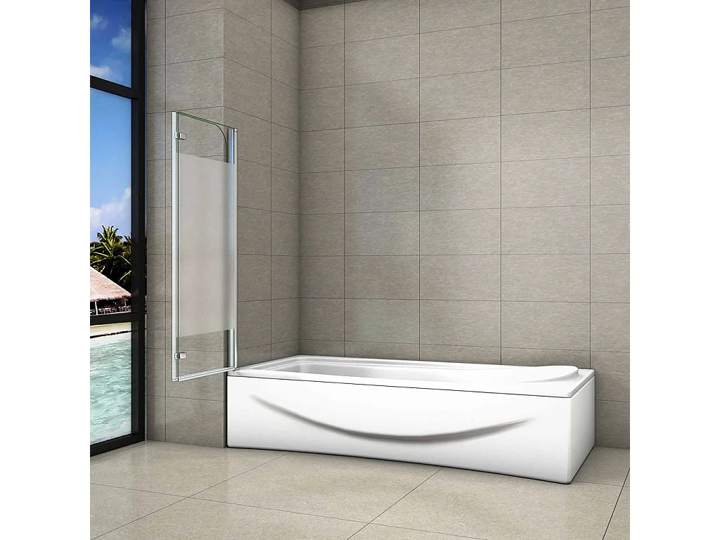 120x140 cm Parete Per Vasca Apribile 180 Gradi Montaggio Verso Sinistro Irreversibile in Vetro Temperato 6 mm Anticalcare Fascia Centrale Opaca