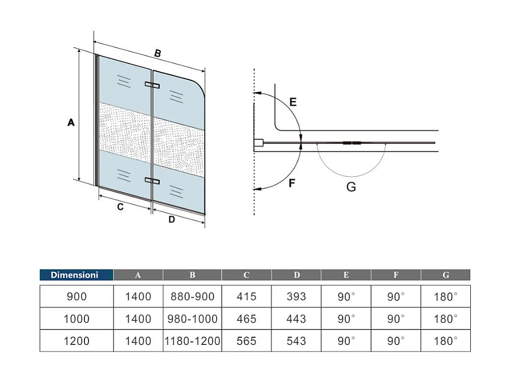 120x140 cm Parete Per Vasca Apribile 180 Gradi Montaggio Verso Sinistro Irreversibile in Vetro Temperato 6 mm Anticalcare Fascia Centrale Opaca