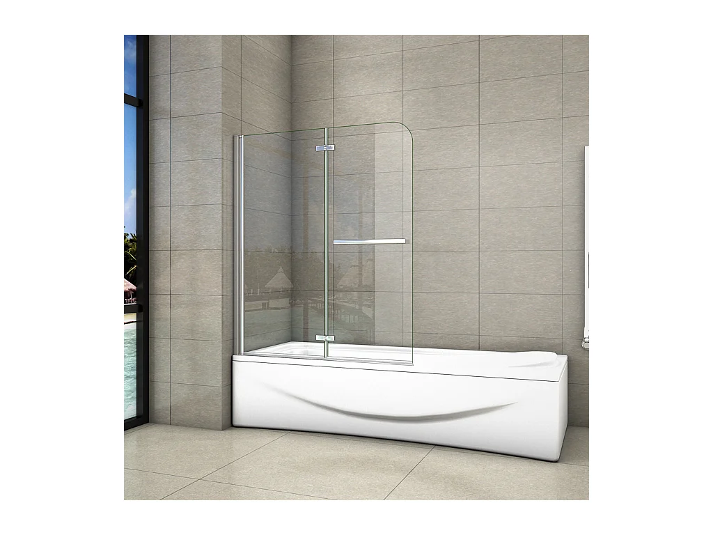 H.140 cm Sopravasca Parete Vasca da Bagno 100 cm Due Ante Movibili con Maniglia Portasciugamani Vetro 6 mm Temperato Anticalcare