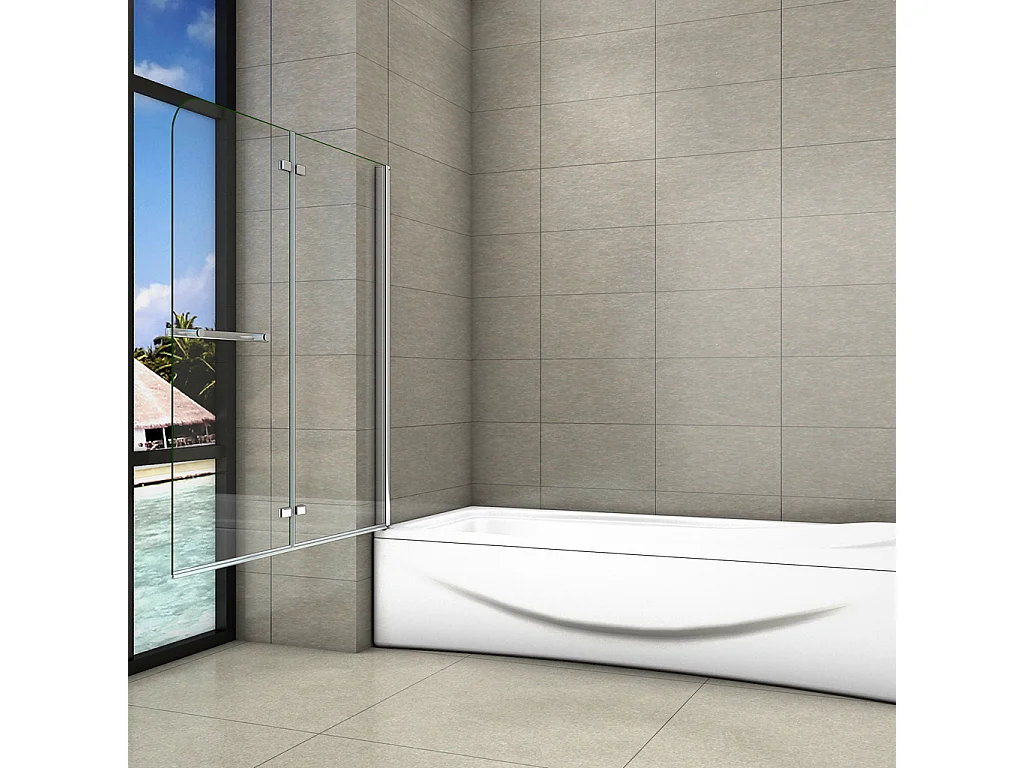 H.140 cm Sopravasca Parete Vasca da Bagno 90 cm Due Ante Movibili con Maniglia Portasciugamani Vetro 6 mm Temperato Anticalcare