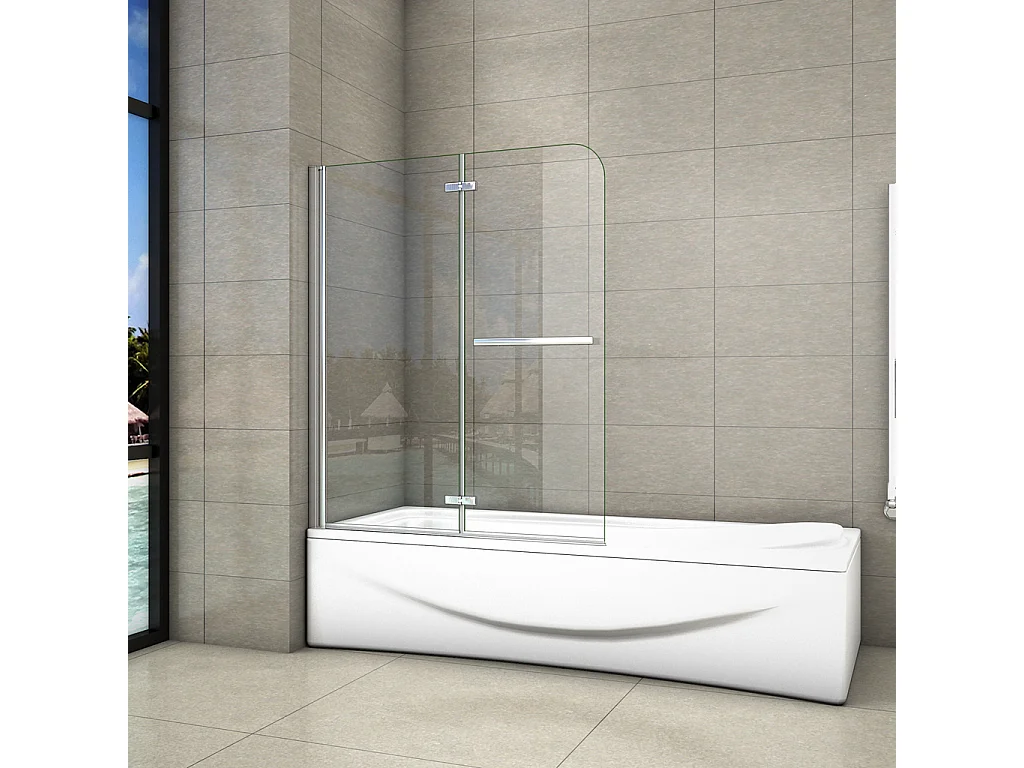 H.140 cm Sopravasca Parete Vasca da Bagno 90 cm Due Ante Movibili con Maniglia Portasciugamani Vetro 6 mm Temperato Anticalcare