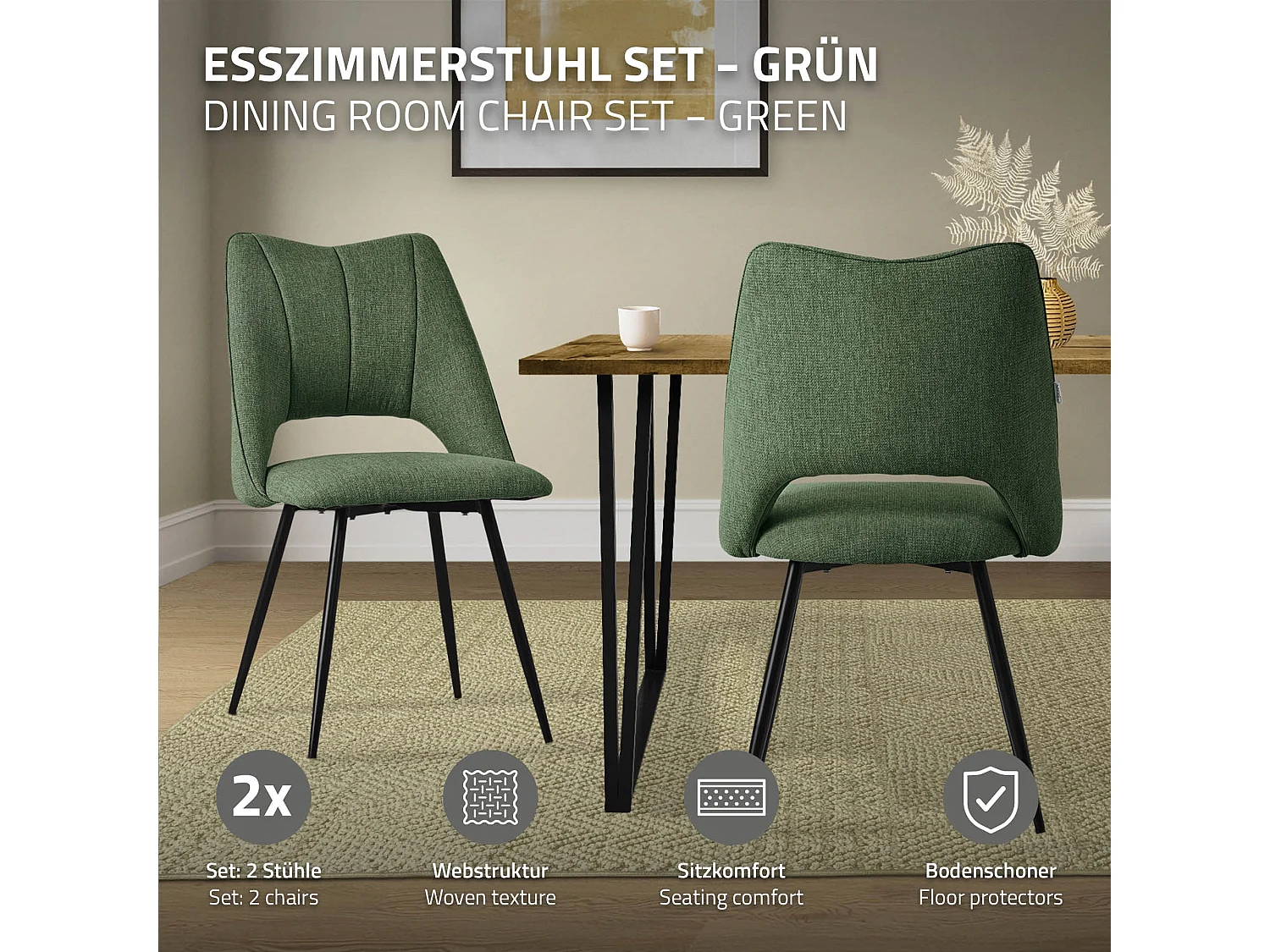 Lot de 2 chaises de salle à manger vert assise ergonomique rembourrage doux en polyester pieds noir en acier revêtu par poudre design élégant
