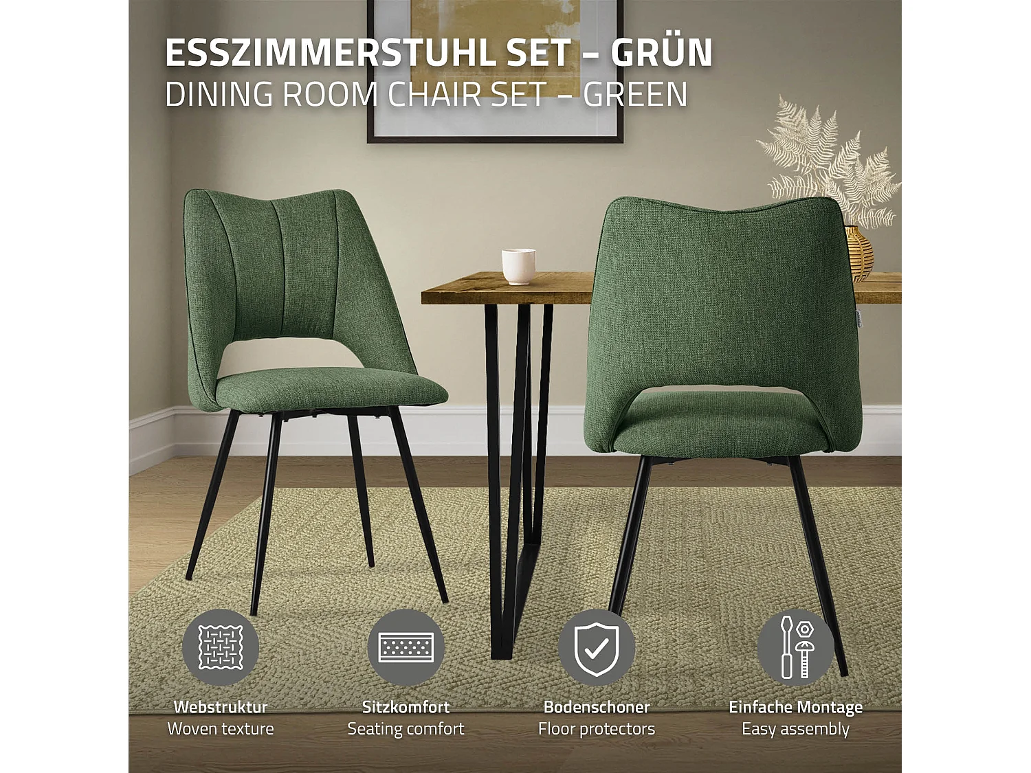 Lot de 2 chaises de salle à manger vert assise ergonomique rembourrage doux en polyester pieds noir en acier revêtu par poudre design élégant
