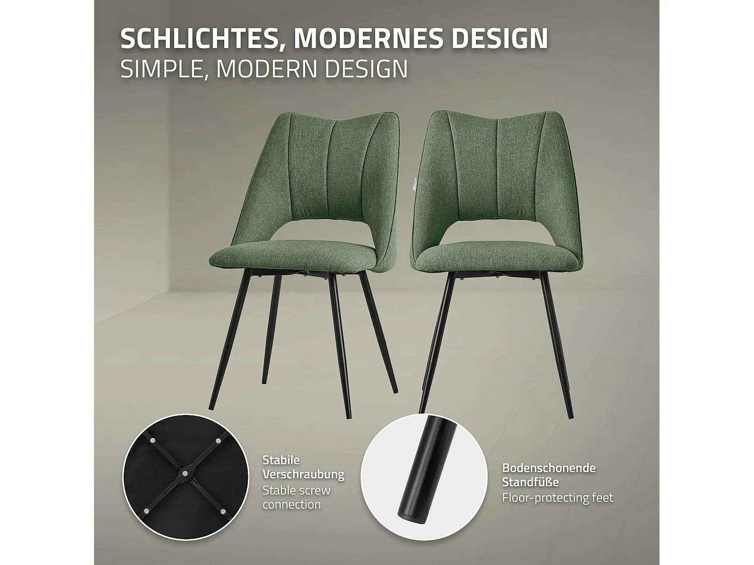 Lot de 2 chaises de salle à manger vert assise ergonomique rembourrage doux en polyester pieds noir en acier revêtu par poudre design élégant