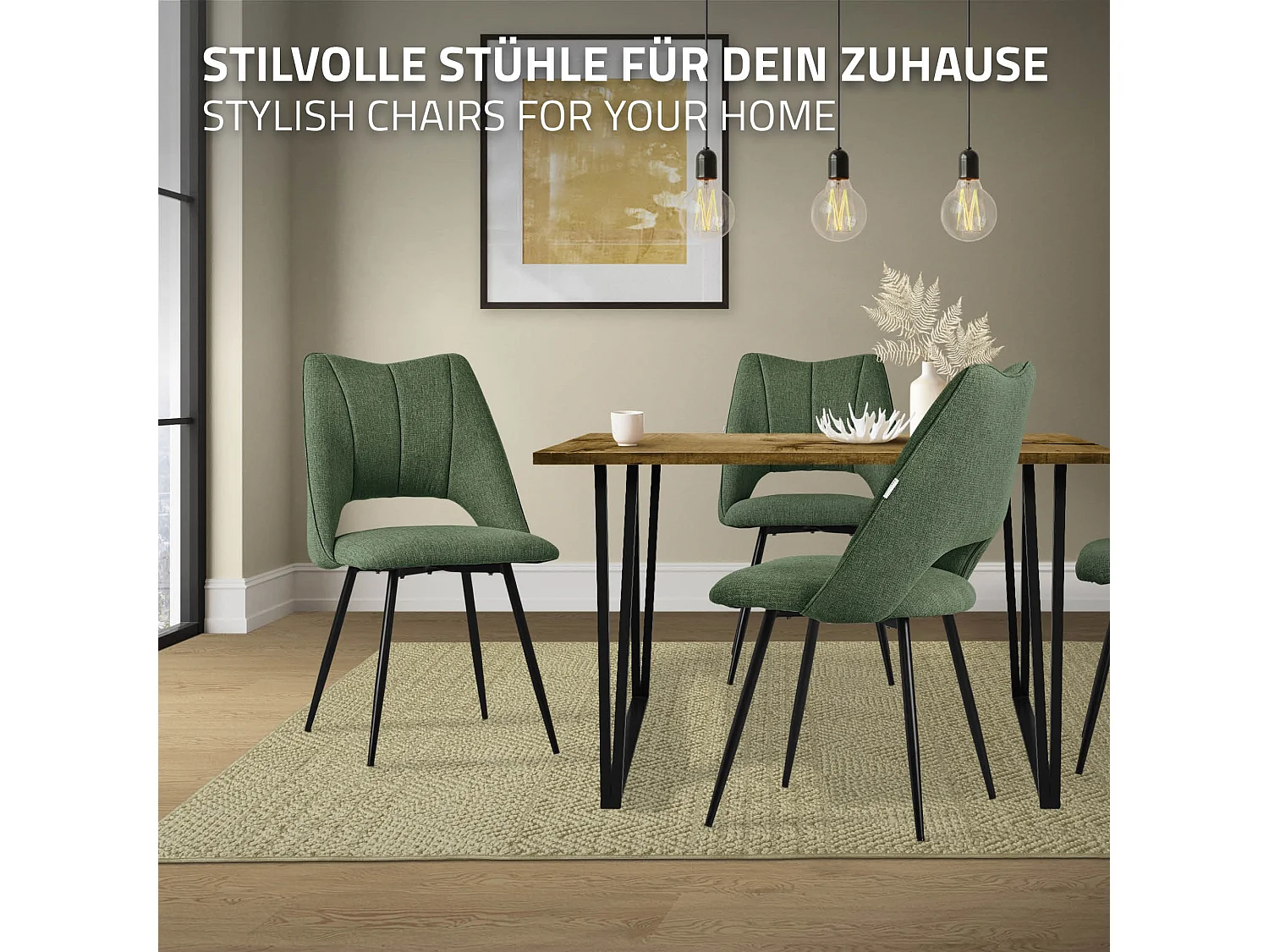 Lot de 2 chaises de salle à manger vert assise ergonomique rembourrage doux en polyester pieds noir en acier revêtu par poudre design élégant