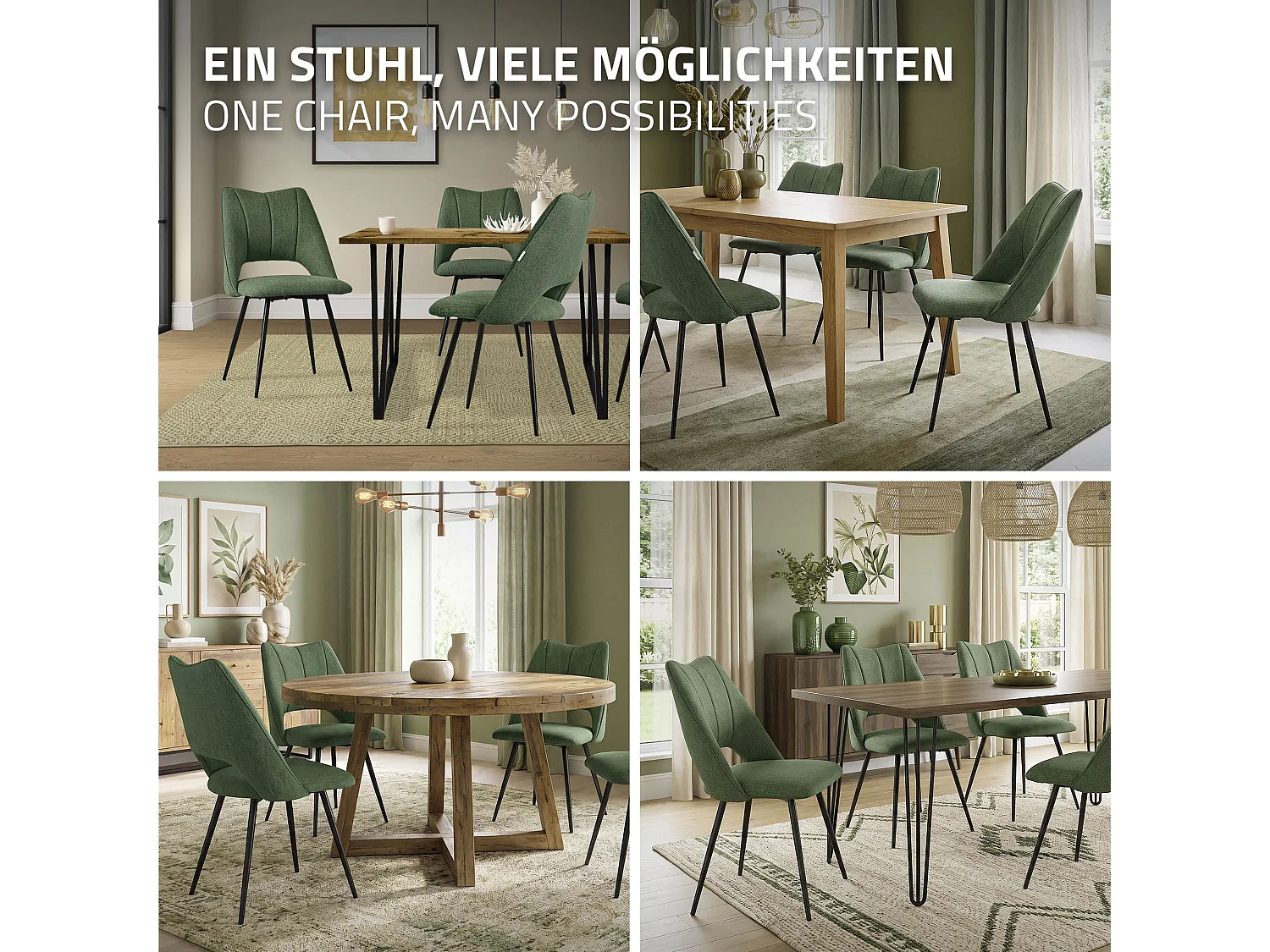 Lot de 2 chaises de salle à manger vert assise ergonomique rembourrage doux en polyester pieds noir en acier revêtu par poudre design élégant