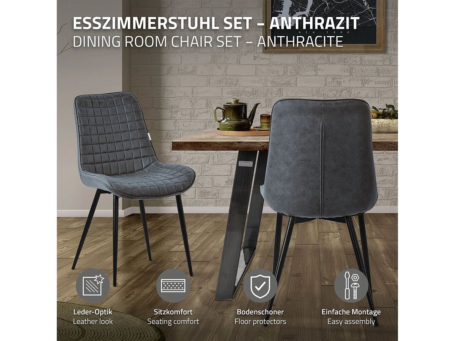 ML-Design 6x Sillas de comedor antracita tapizado aspecto polipiel con resplado y patas metal sillón moderno acolchado para hogar oficina