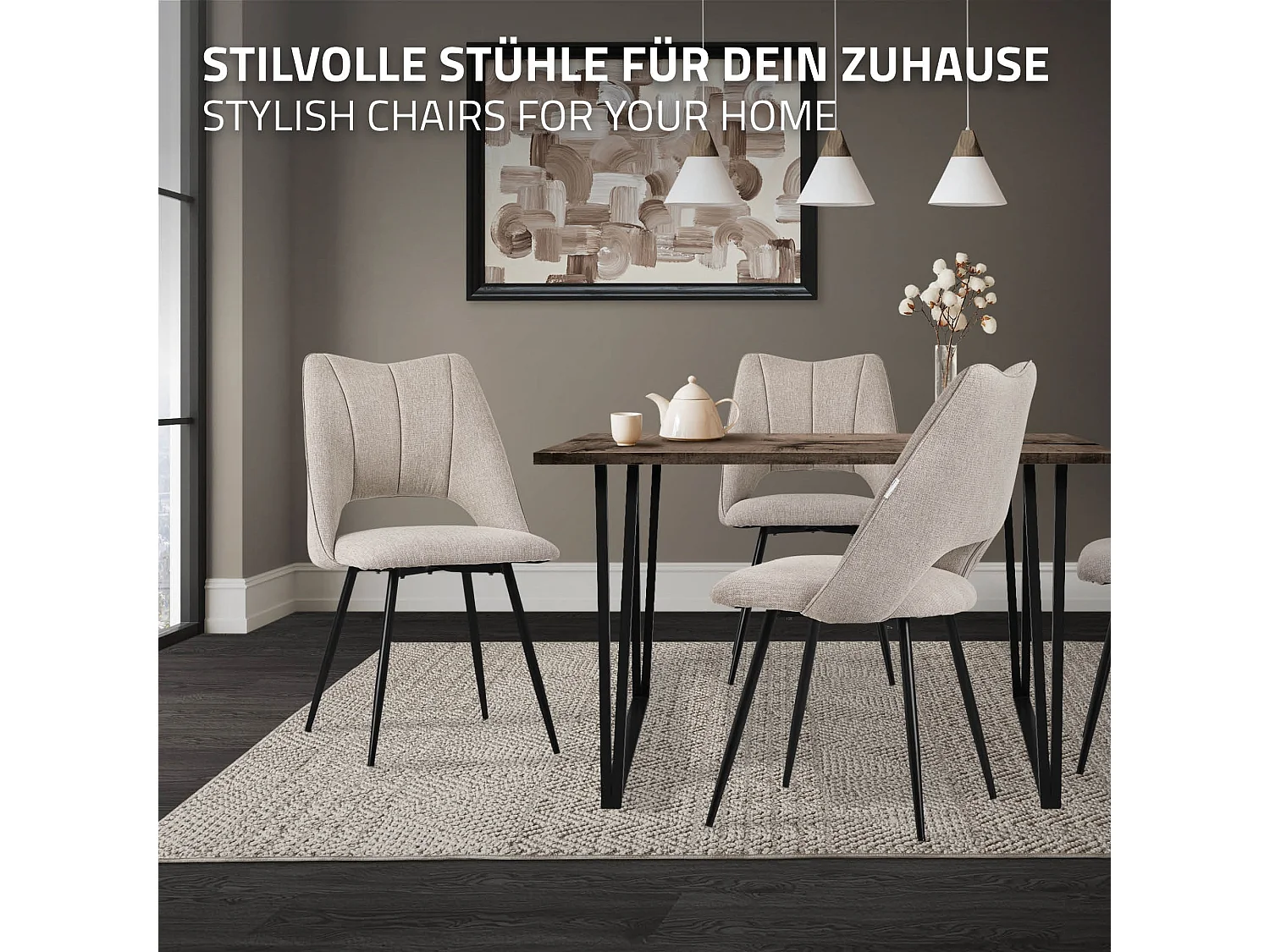 Lot de 4 chaises de salle à manger beige assise ergonomique rembourrage doux en polyester pieds noir en acier revêtu par poudre design élégant