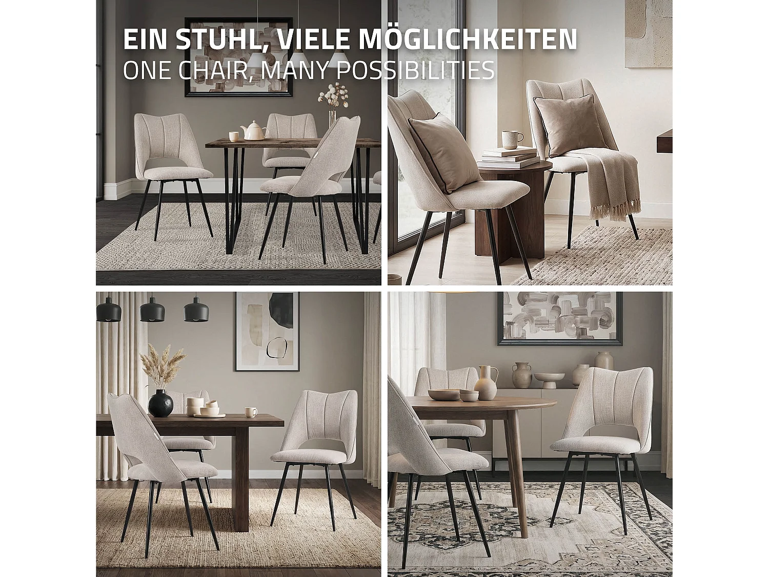 Lot de 4 chaises de salle à manger beige assise ergonomique rembourrage doux en polyester pieds noir en acier revêtu par poudre design élégant