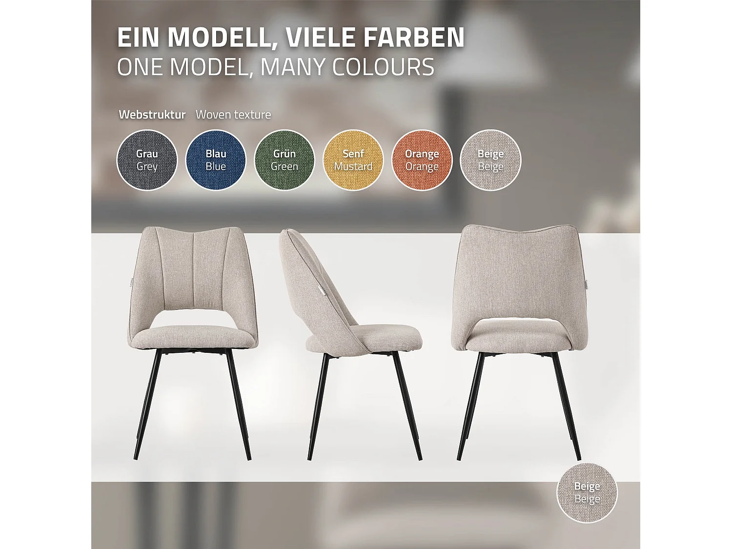Lot de 4 chaises de salle à manger beige assise ergonomique rembourrage doux en polyester pieds noir en acier revêtu par poudre design élégant
