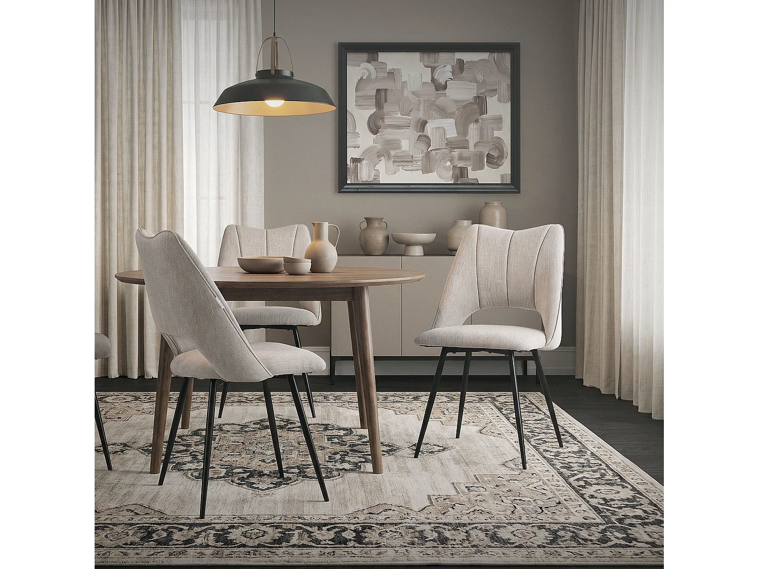 Lot de 4 chaises de salle à manger beige assise ergonomique rembourrage doux en polyester pieds noir en acier revêtu par poudre design élégant