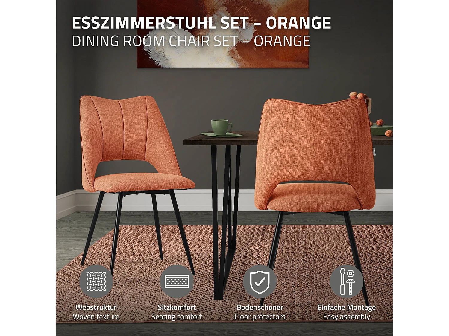 Lot de 4 chaises de salle à manger orange assise ergonomique rembourrage doux en polyester pieds noir en acier revêtu par poudre design élégant