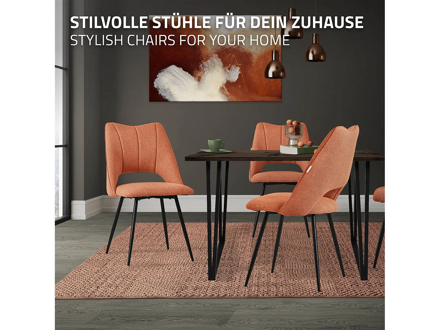 Lot de 4 chaises de salle à manger orange assise ergonomique rembourrage doux en polyester pieds noir en acier revêtu par poudre design élégant
