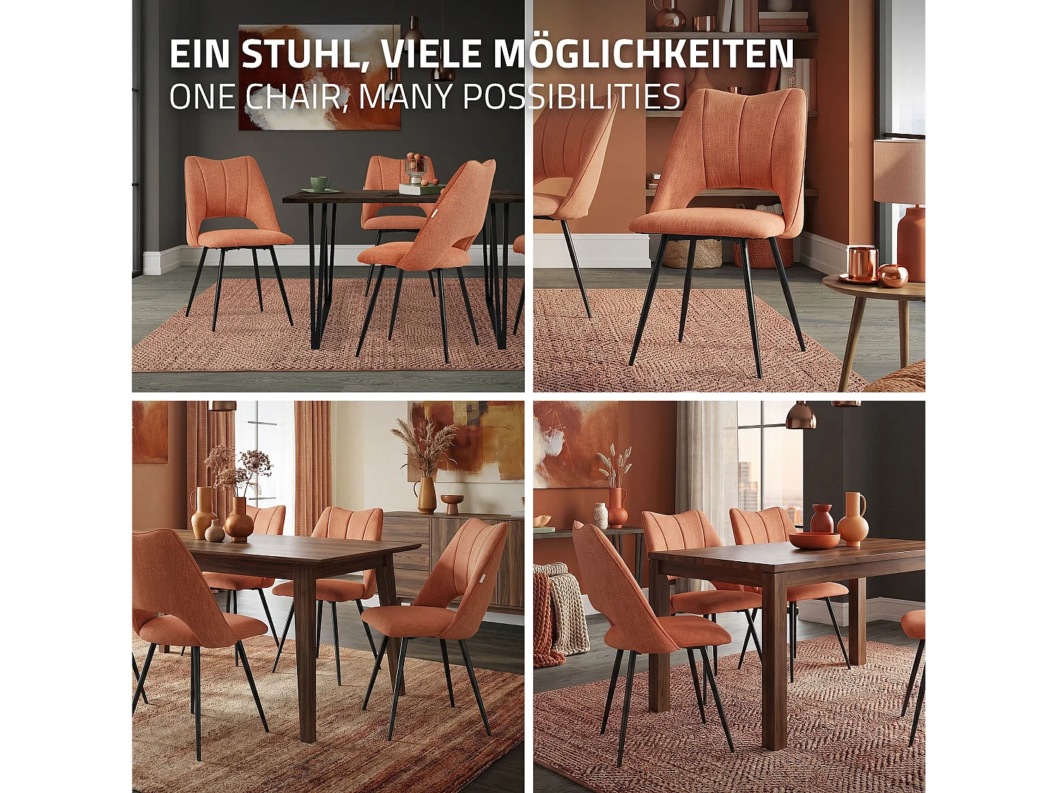 Lot de 4 chaises de salle à manger orange assise ergonomique rembourrage doux en polyester pieds noir en acier revêtu par poudre design élégant