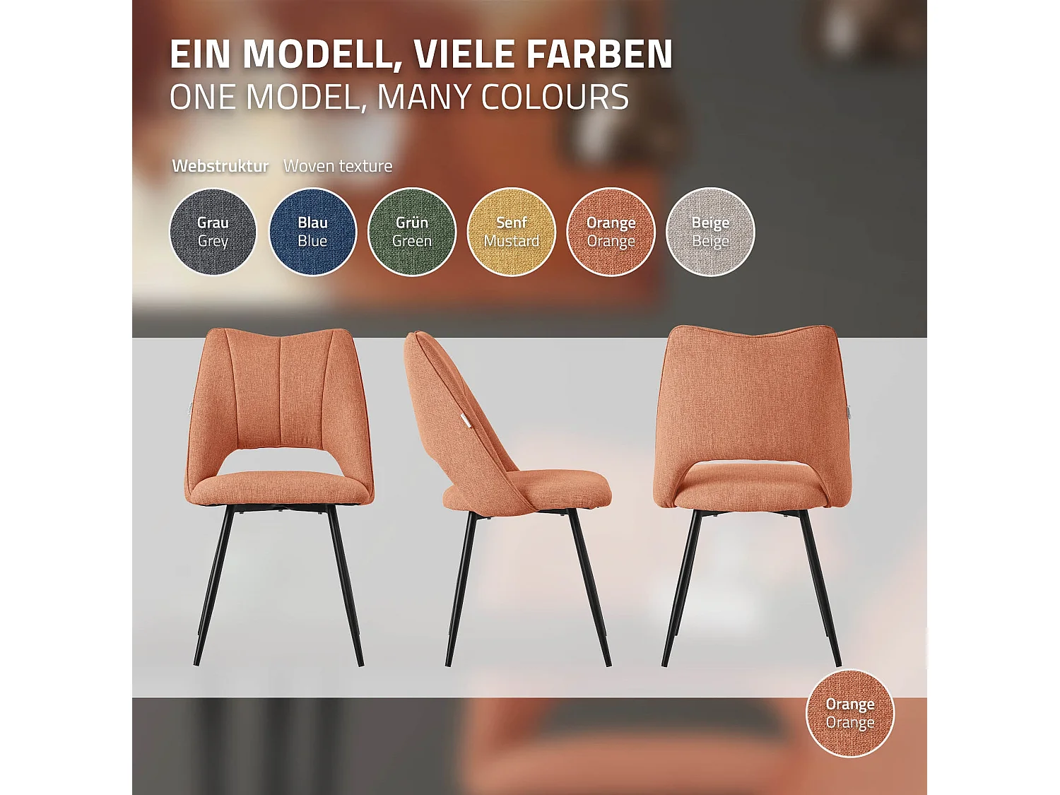 Lot de 4 chaises de salle à manger orange assise ergonomique rembourrage doux en polyester pieds noir en acier revêtu par poudre design élégant