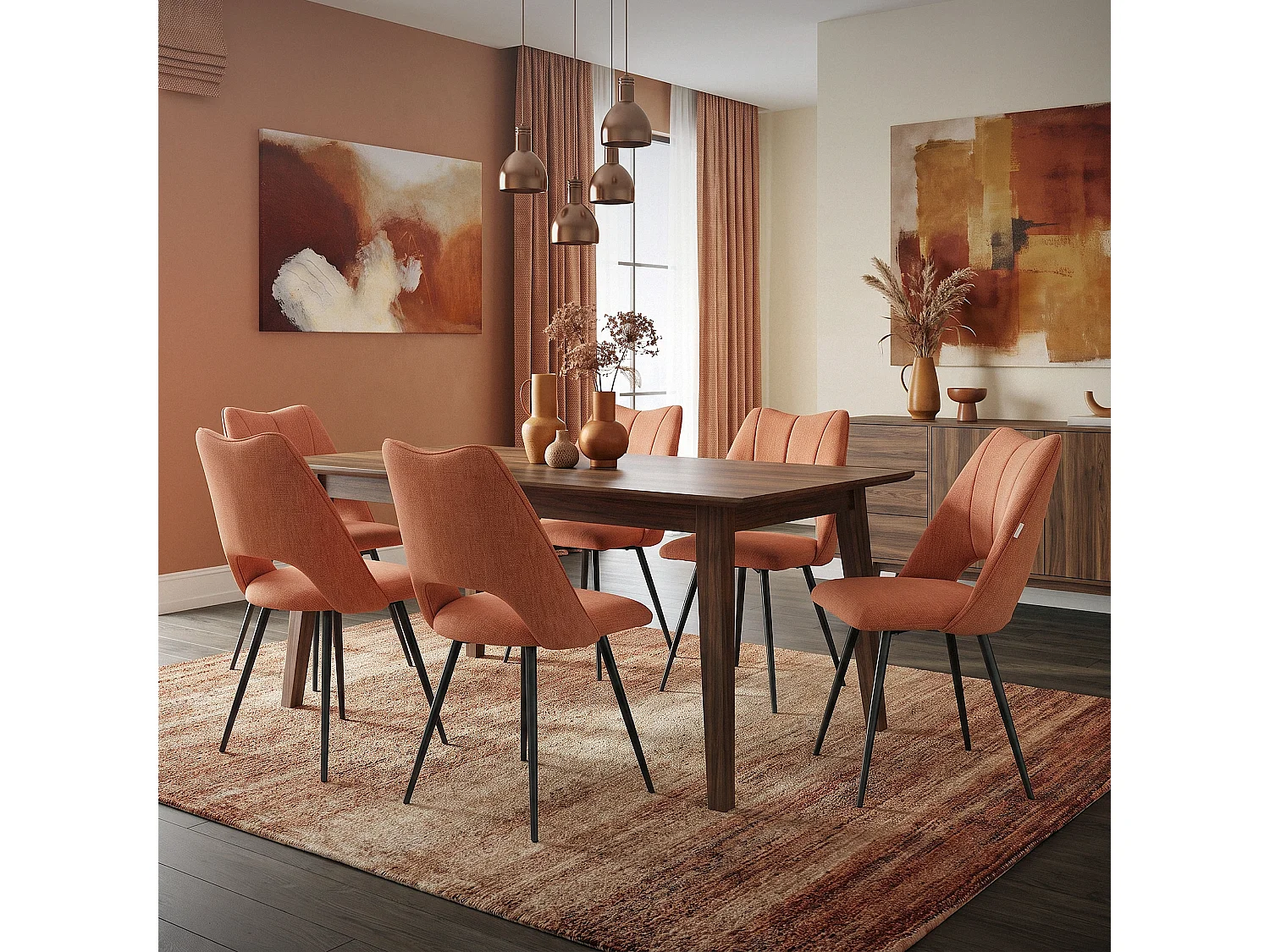Lot de 4 chaises de salle à manger orange assise ergonomique rembourrage doux en polyester pieds noir en acier revêtu par poudre design élégant