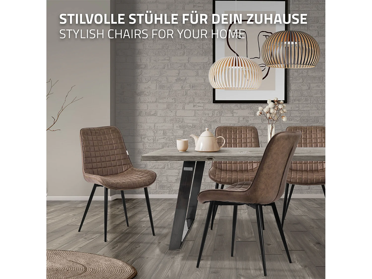 Lot de 6 chaises de salle à manger marron assise ergonomique revêtement en matériau synthétique pieds noir en acier protections de sol prémontées