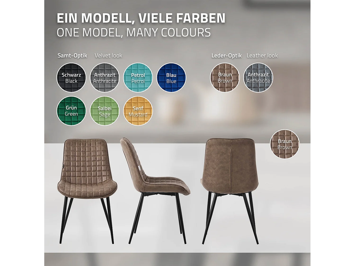 Lot de 6 chaises de salle à manger marron assise ergonomique revêtement en matériau synthétique pieds noir en acier protections de sol prémontées