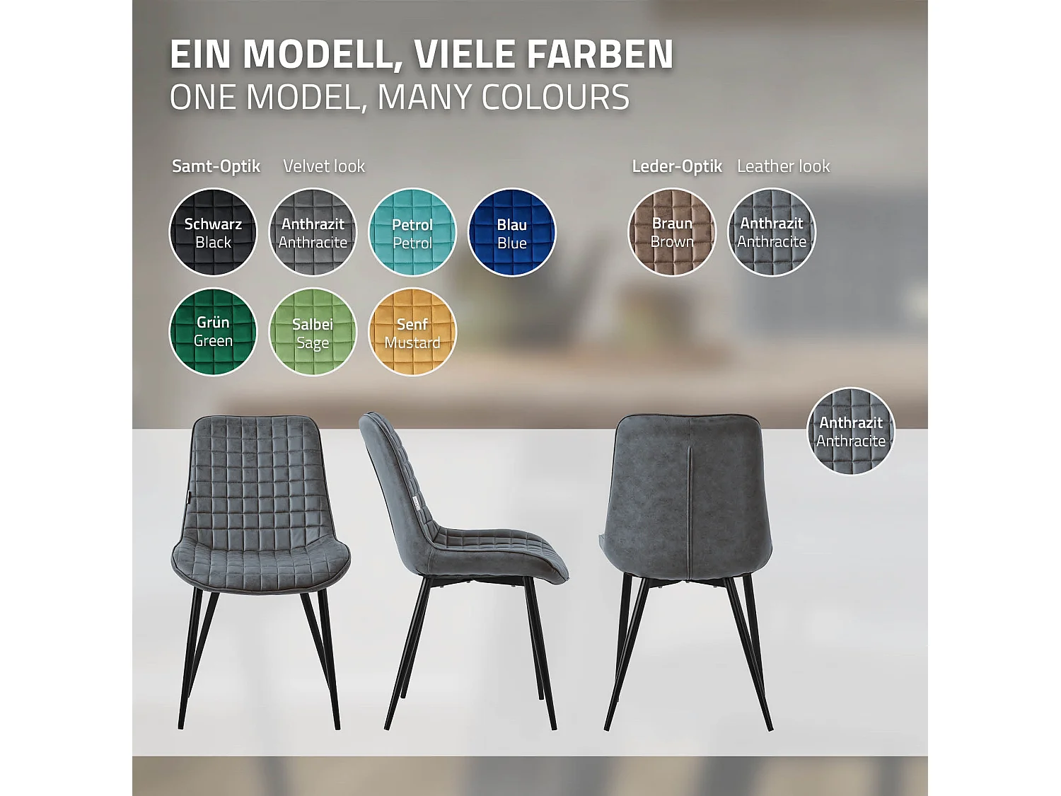 Lot de 2 chaises de salle à manger anthracite assise ergonomique revêtement en matériau synthétique pieds noir en acier protections de sol prémontées