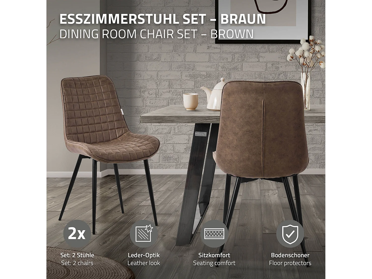 ML-Design Sedie da pranzo set di 2 marrone rivestimento in similpelle sedia da cucina con schienale con gambe in metallo seggiola da studio ufficio