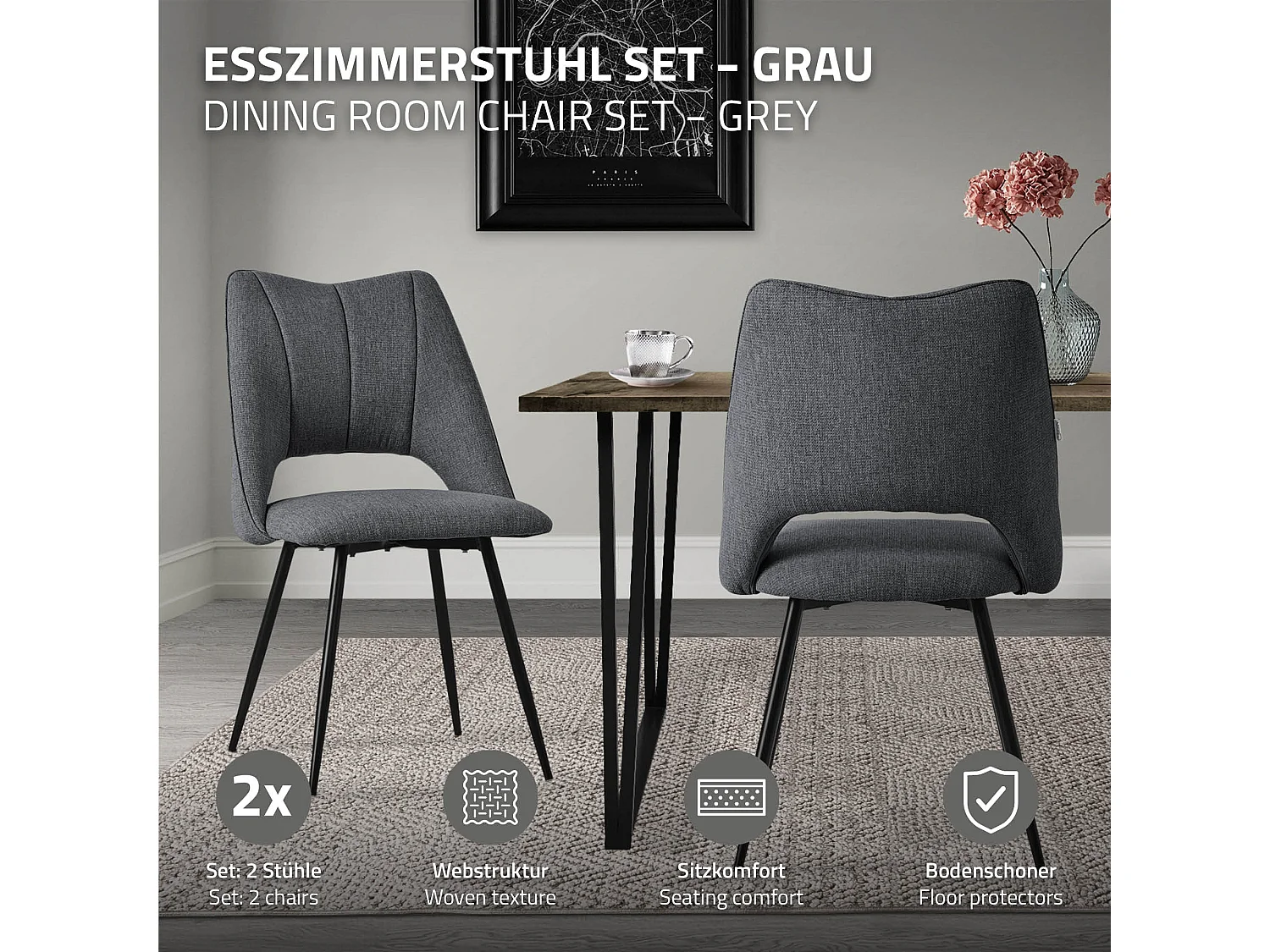 ML-Design Set di 2x poltrona da cucina grigio sedie per sala pranzo seduta in poliestere con gambe in metallo schienale sedia da soggiorno per ufficio