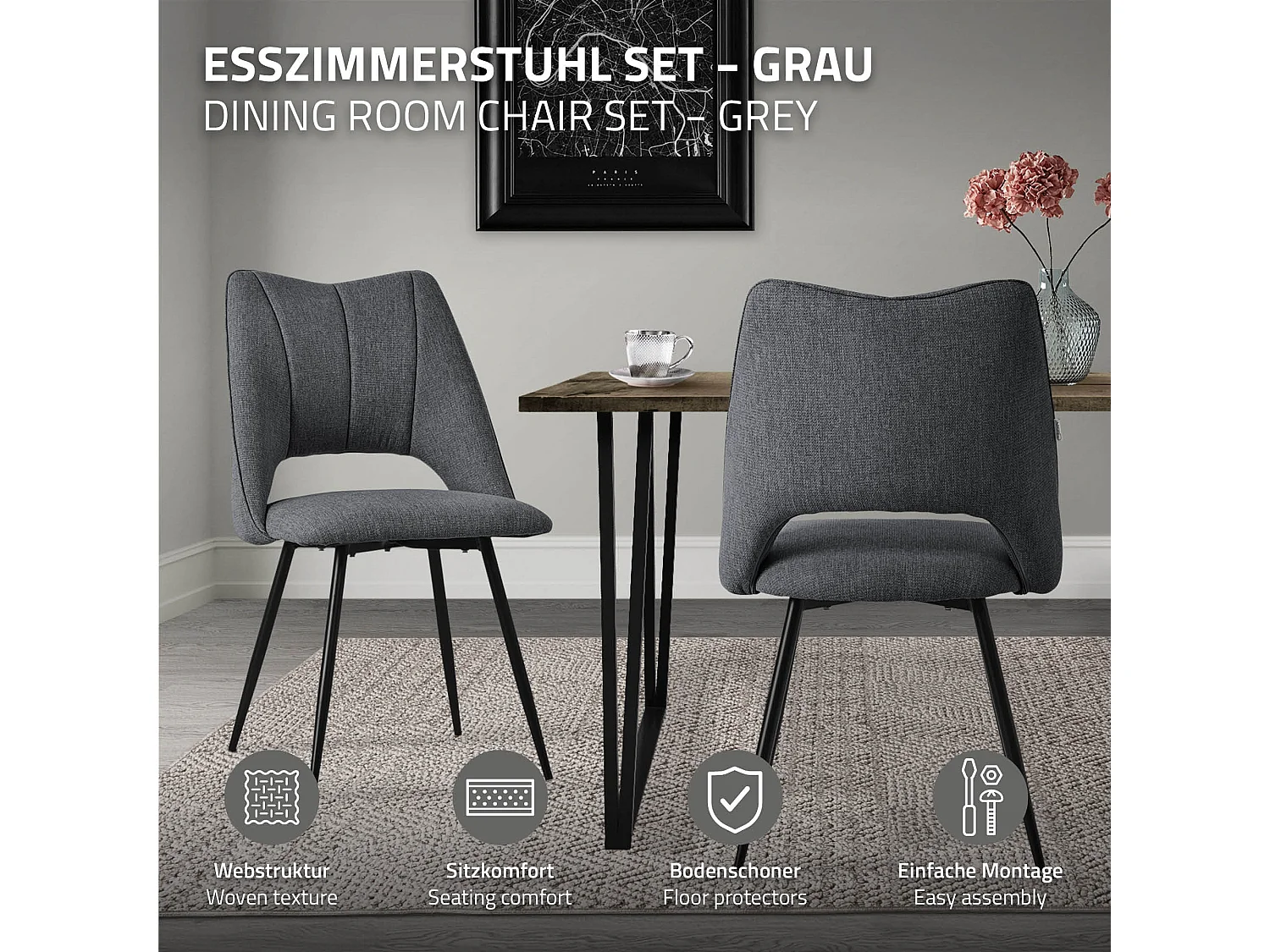 ML-Design Set di 2x poltrona da cucina grigio sedie per sala pranzo seduta in poliestere con gambe in metallo schienale sedia da soggiorno per ufficio