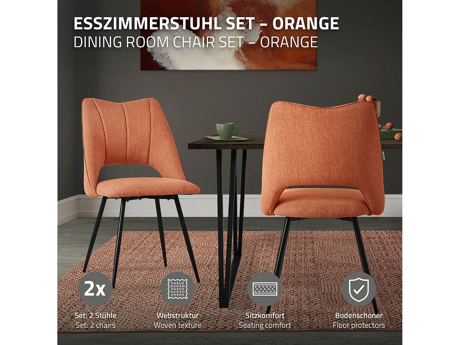 Lot de 2 chaises de salle à manger orange assise ergonomique rembourrage doux en polyester pieds noir en acier revêtu par poudre design élégant
