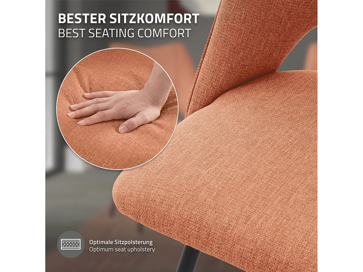Lot de 2 chaises de salle à manger orange assise ergonomique rembourrage doux en polyester pieds noir en acier revêtu par poudre design élégant
